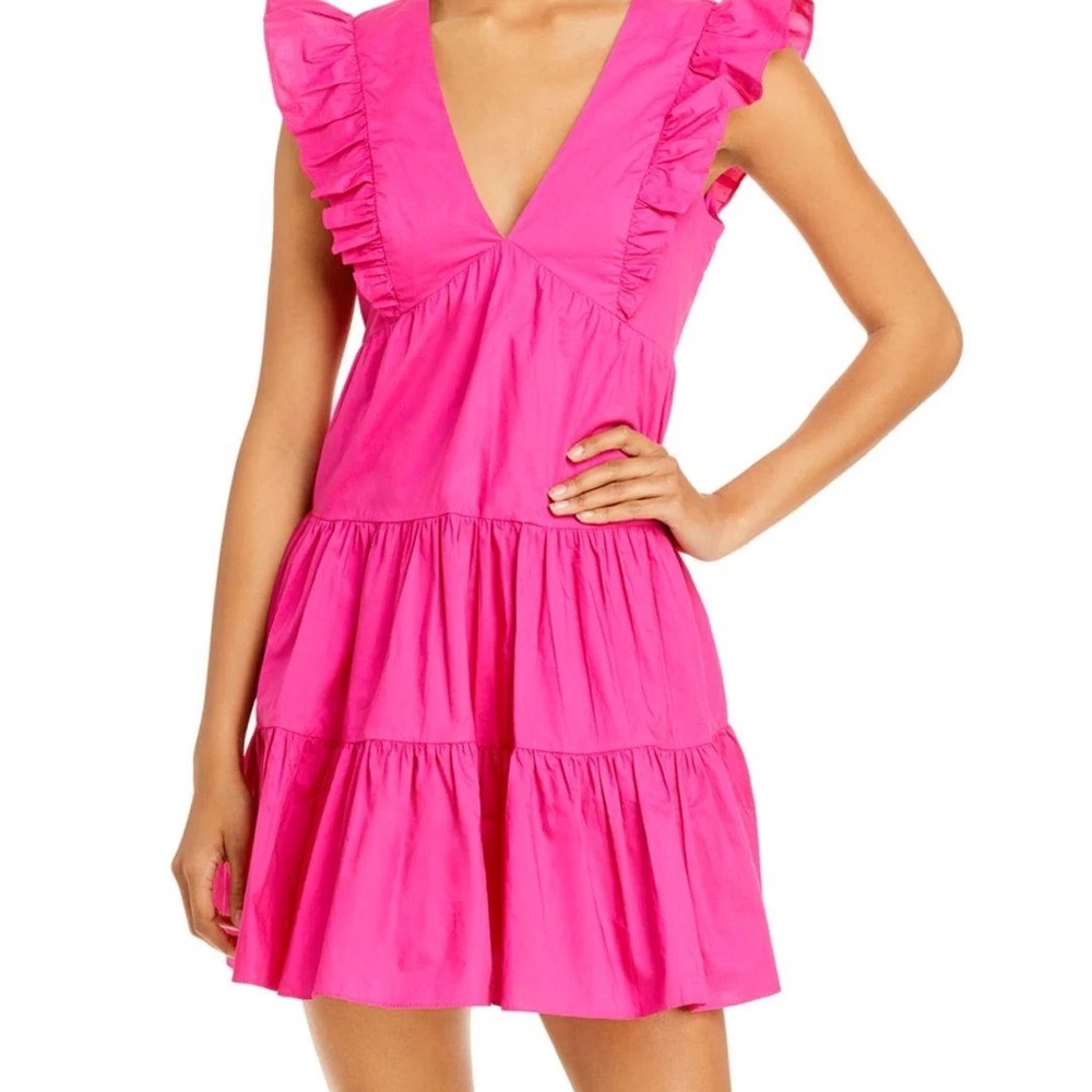 Aqua Cotton Ruffled Mini Dress in Hot Pink
